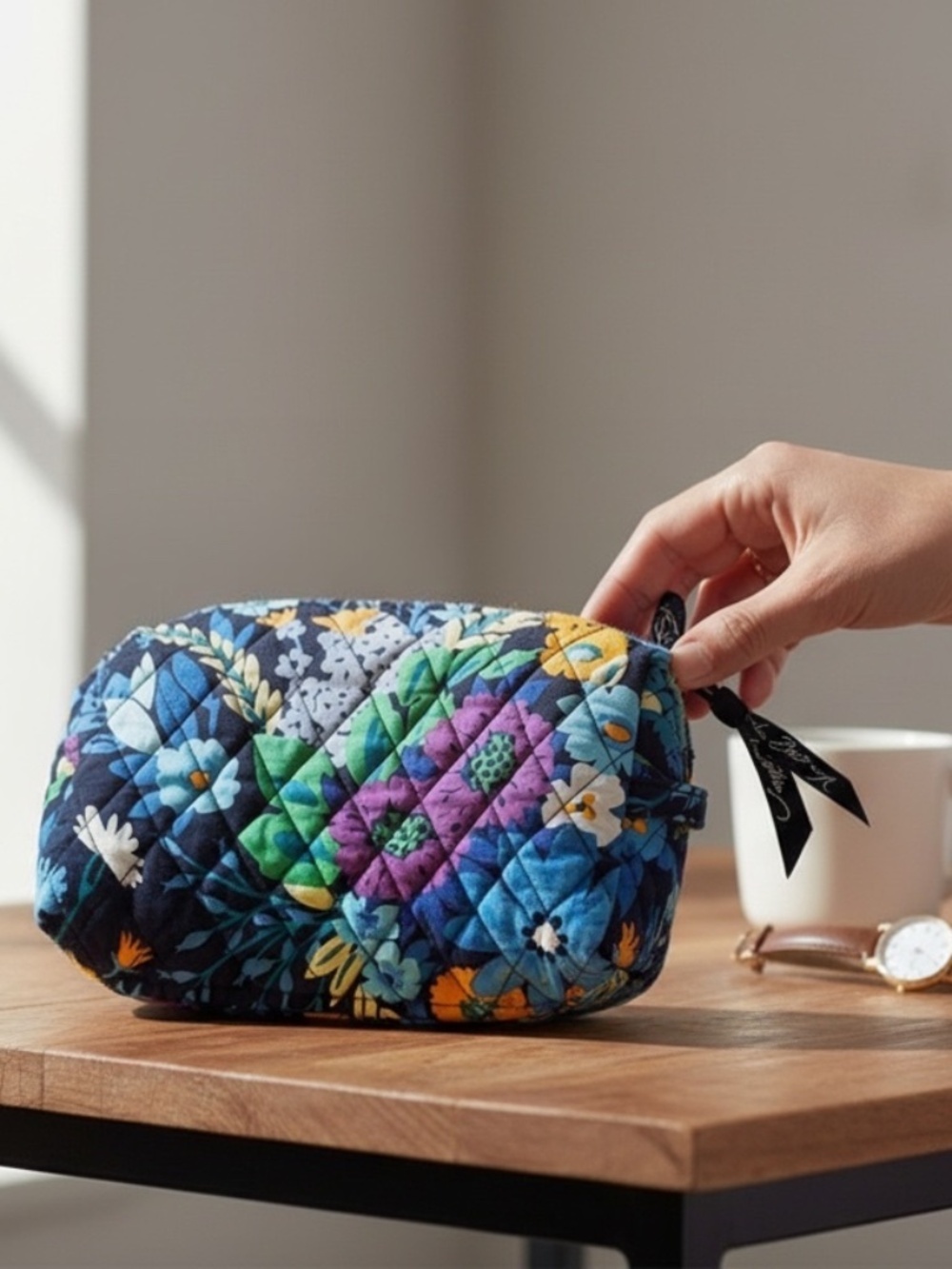 Vera Bradley Quilted Cotton Cosmetic Pouch in Midnight Blues Floral One Size